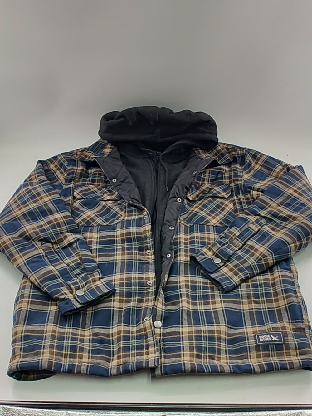 Men's Eddie Bauer Hooded Shacket (Navy Soloman Plaid) Size L P#790@CMK
